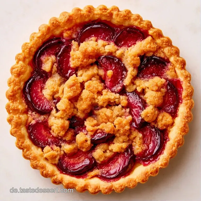 Ein St&uuml;ck warmer Pflaumenkuchen auf einem hellen Teller, best&auml;ubt mit feinem Puderzucker, neben einer Serviette.
